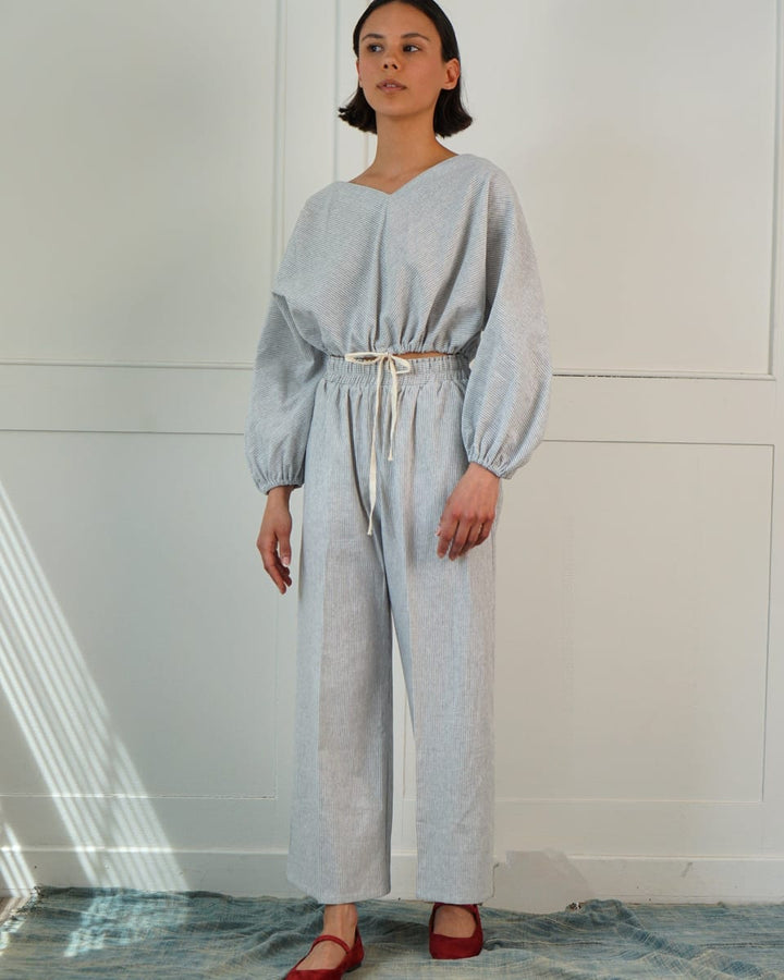 Conductor Stripe Linen Drawstring Adjustable Bubble Top