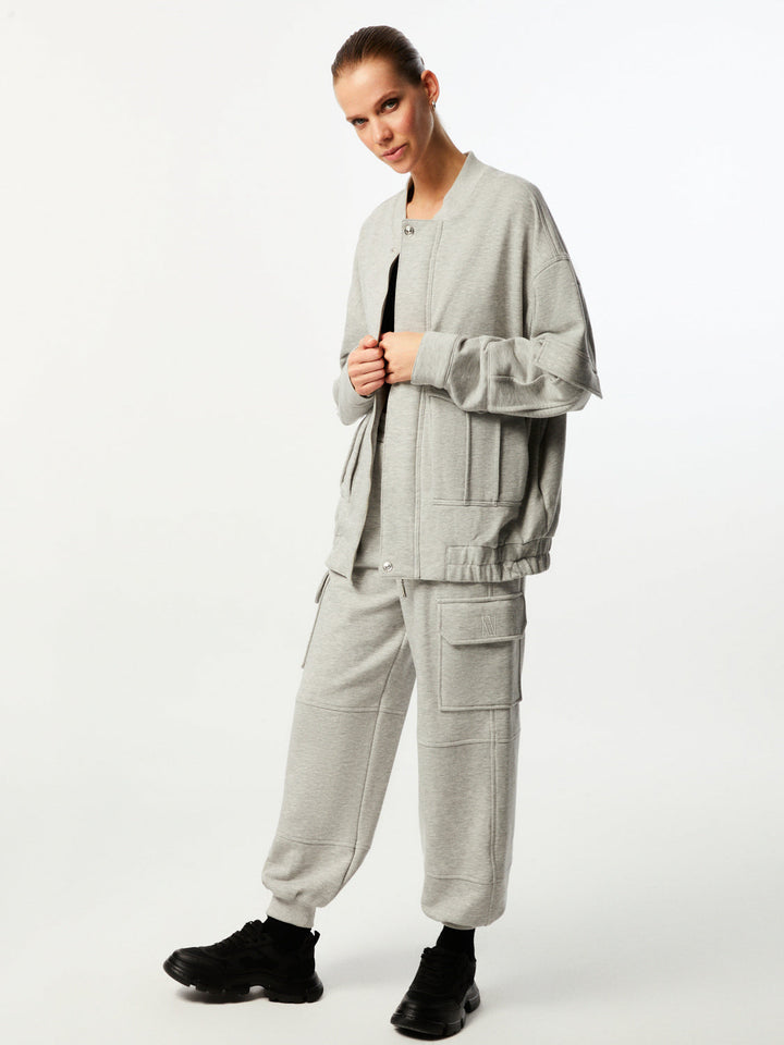 Loose-Fit Bomber Jacket with Pockets - Grey Melange