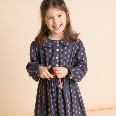 Girls' Long Sleeves Dress With Velvet Tie - Adelaide Orange Floral