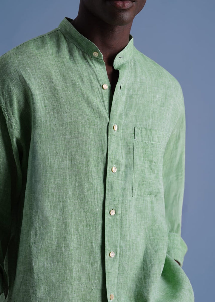 Washed Linen Stand Collar Shirt - Green