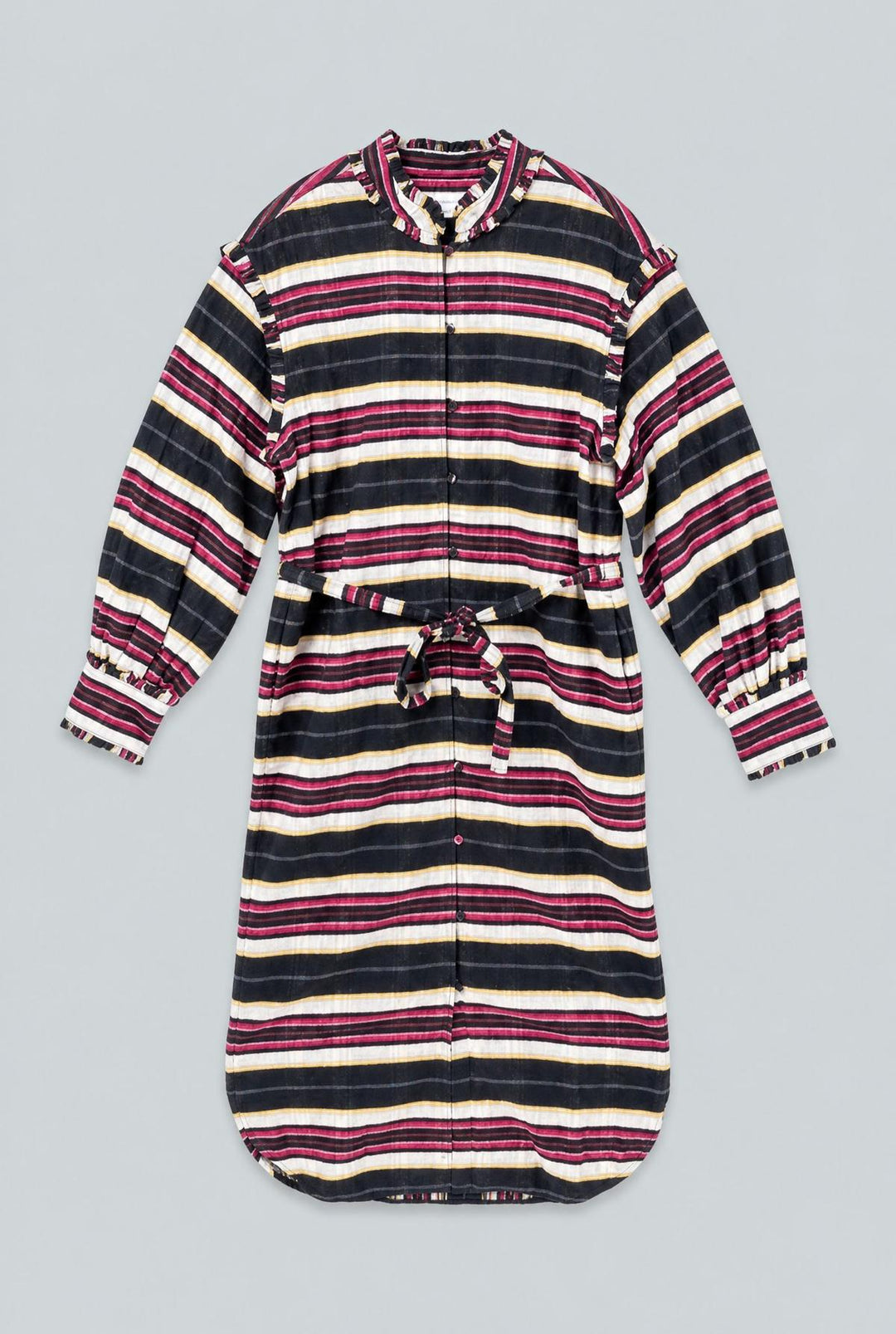 Belted Striped Button Up Dress - Black Combo