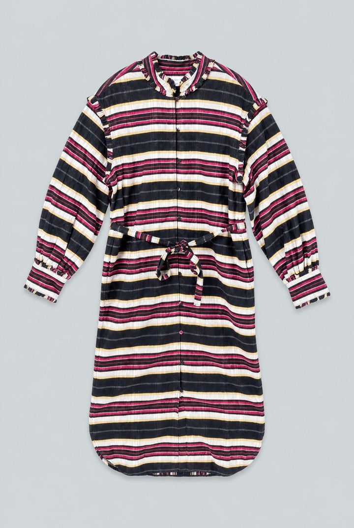 Belted Striped Button Up Dress - Black Combo