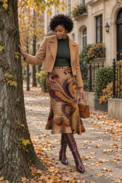 Ribbed Wool Midi Trumpet Knit Skirt - Brown Multi