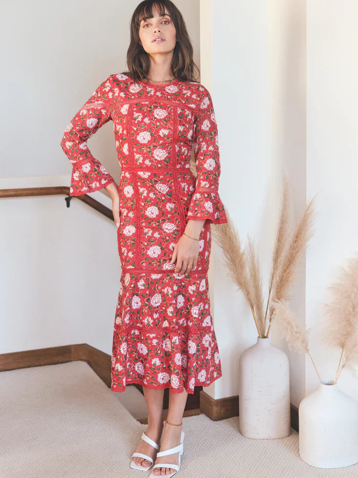 Tina Fluted Pencil Dress - Scarlet/Ivory Rose Floral print