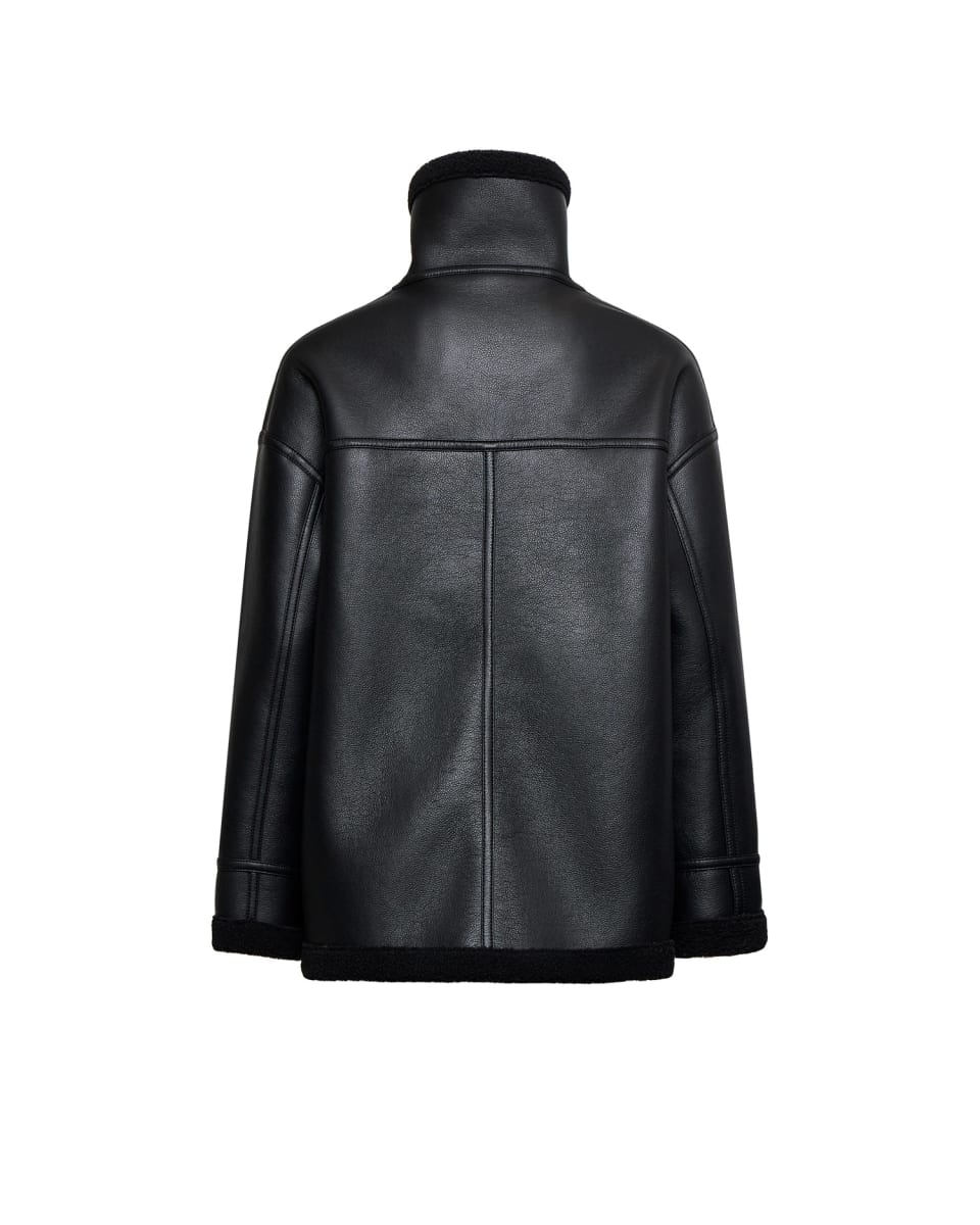 Shearling-effect Coat With High Collar - Black