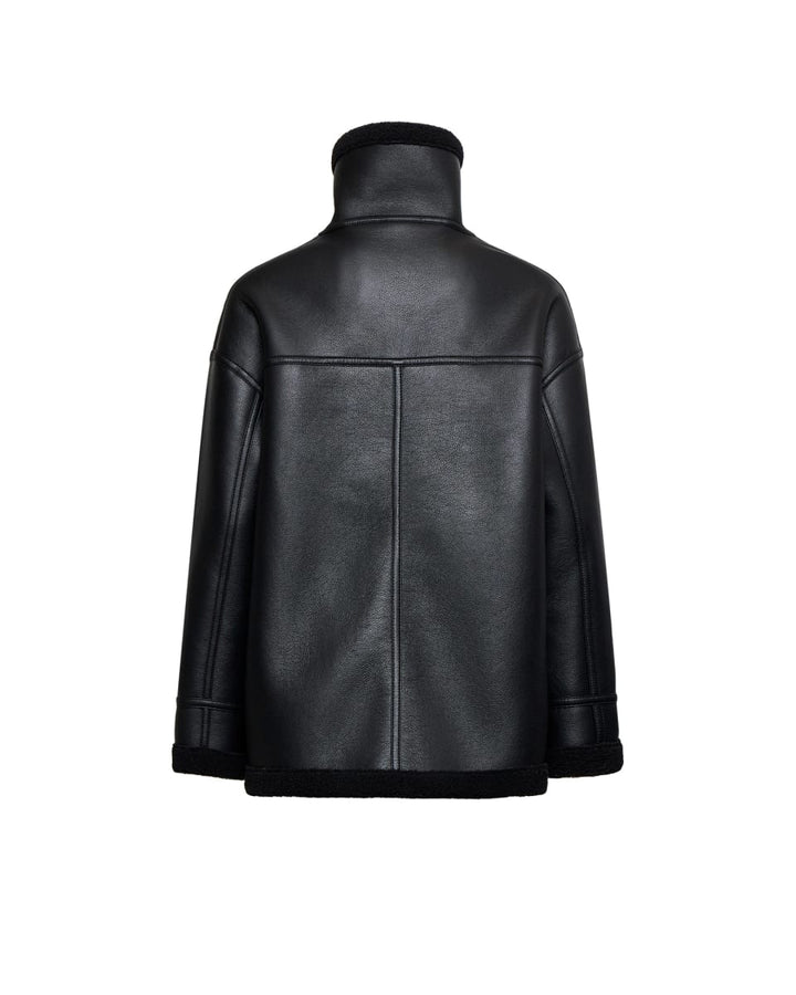 Shearling-effect Coat With High Collar - Black