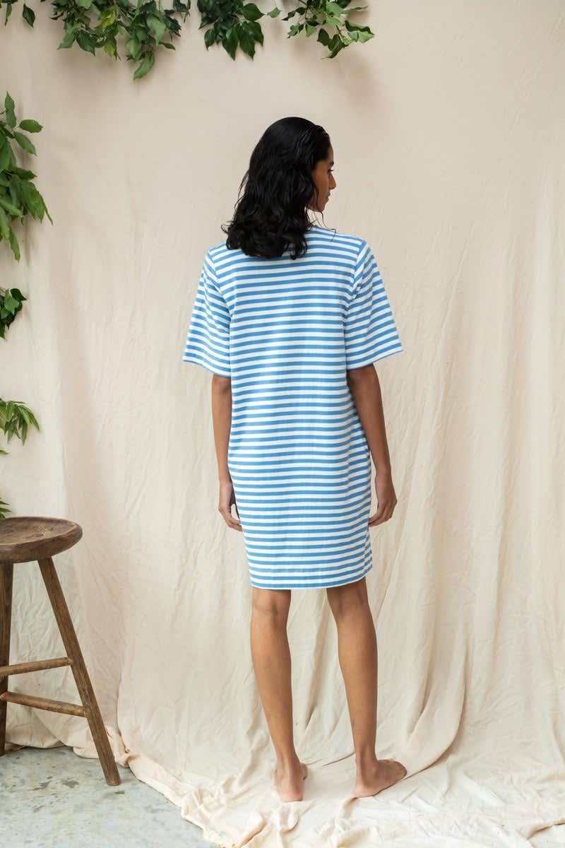 Sasha-Sue Organic Cotton Dress - Sea Blue and White