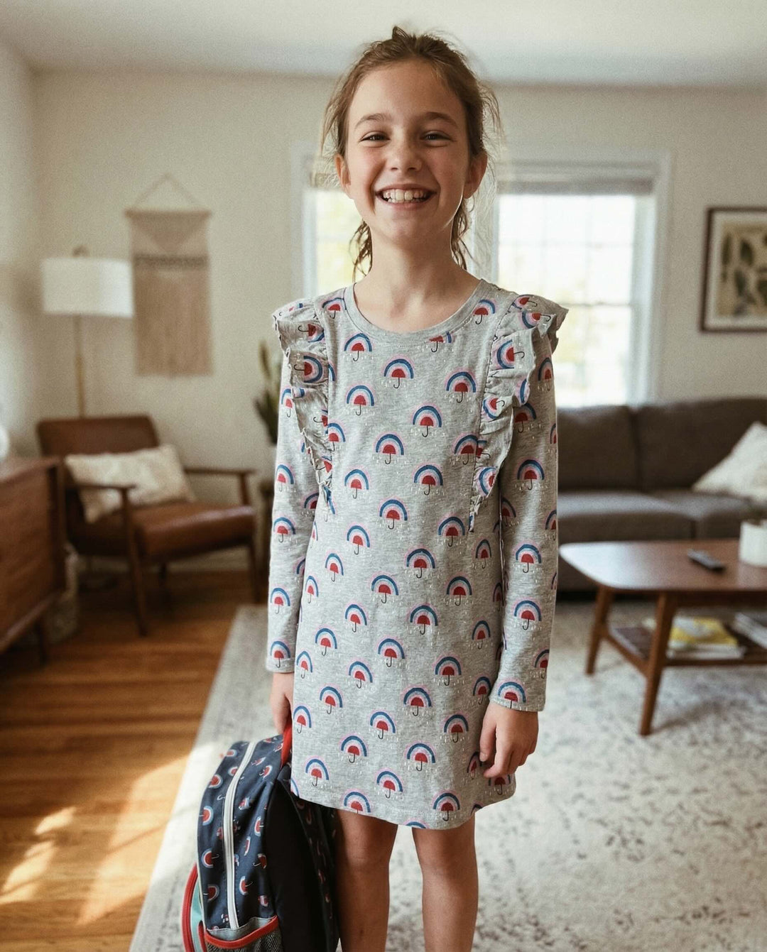 Ruffle Sleeve A-Line Dress - Rainbow Umbrella