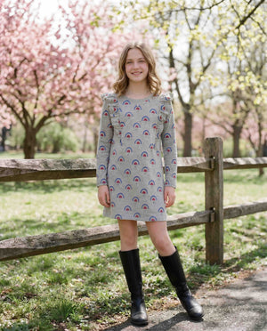 Ruffle Sleeve A-Line Dress - Rainbow Umbrella