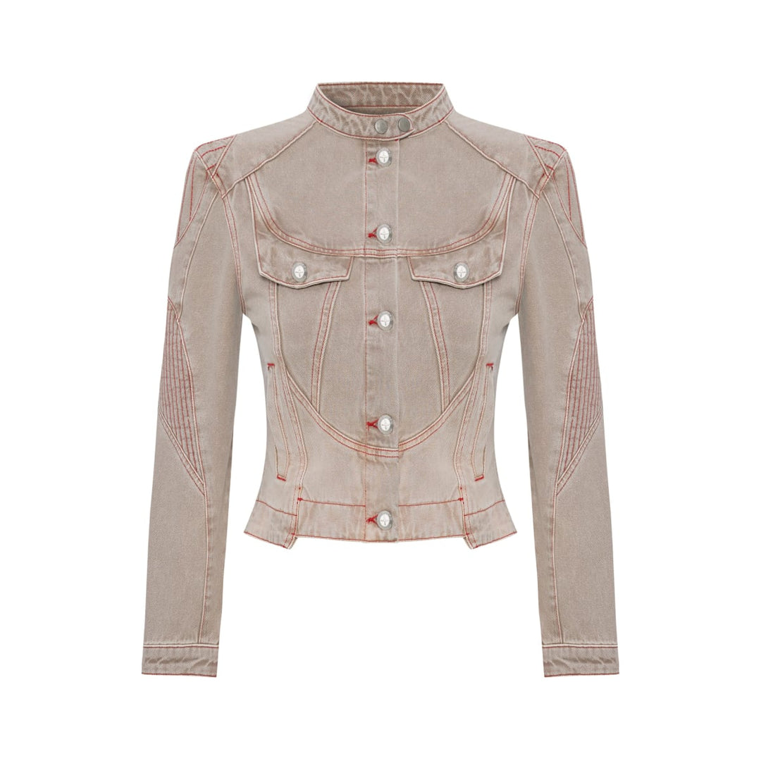 Pure Cotton Faded Motorcycle Denim Jacket - Moon Rock