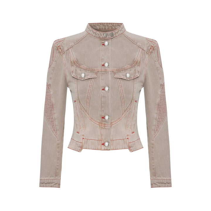 Pure Cotton Faded Motorcycle Denim Jacket - Moon Rock