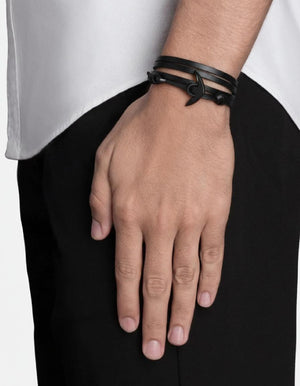 Black Plated Anchor Wrap Leather Bracelet