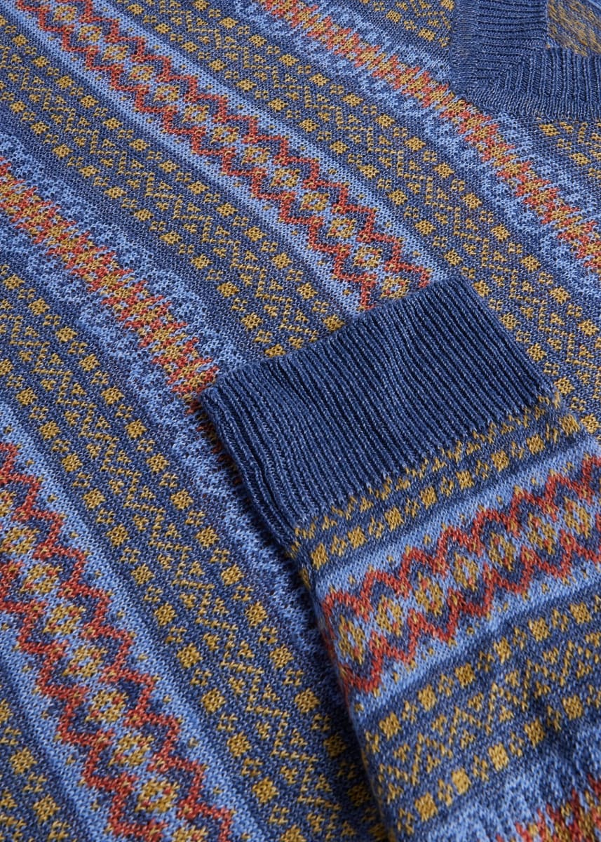 Linen Fair Isle V-neck Sweater - Blue