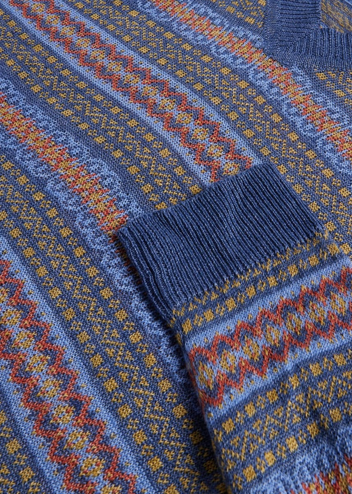 Linen Fair Isle V-neck Sweater - Blue