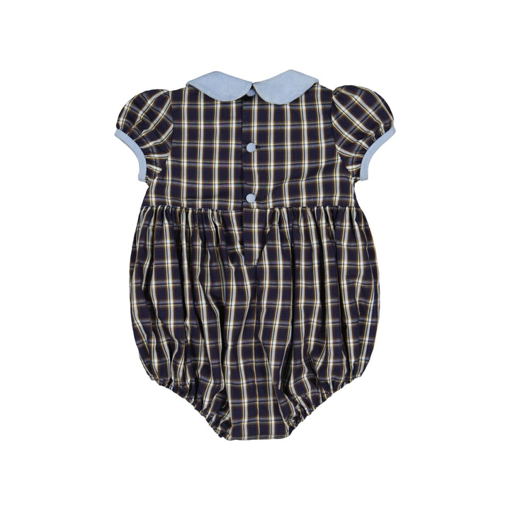Angelica Navy Tartan Short Sleeve Smocked Bubble - Checkered/Plaid/Blue