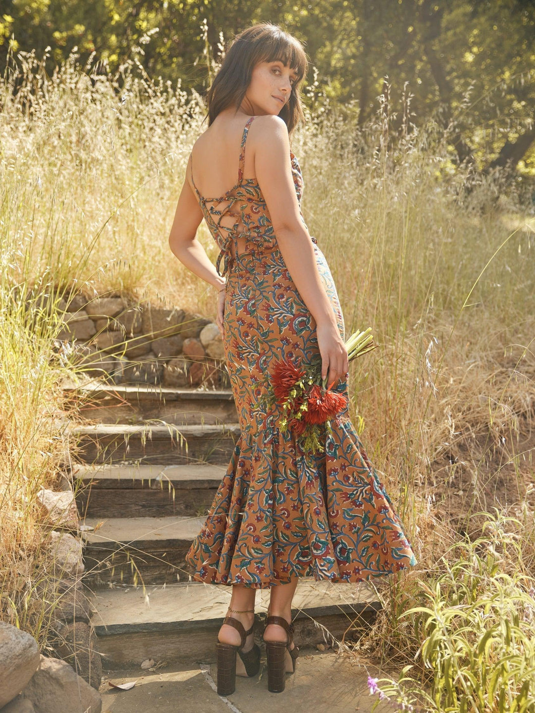 Patsy Fluted Pencil Skirt - Tawny/Multicolor Floral print