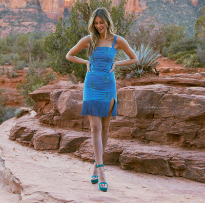 Brook Embroidered Mini Fringe Dress - Prussian Blue/Placed Floral Embroidery - FINAL SALE