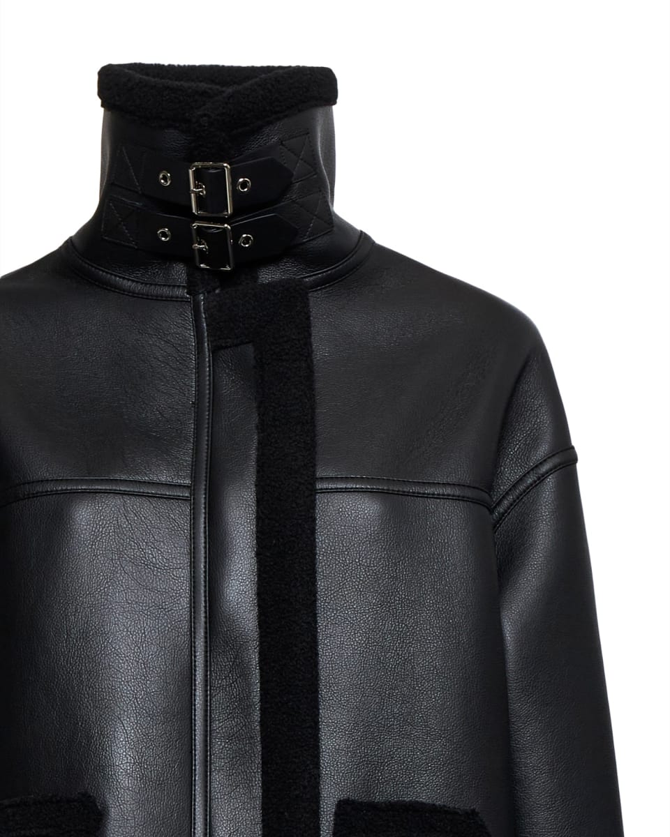 Shearling-effect Coat With High Collar - Black