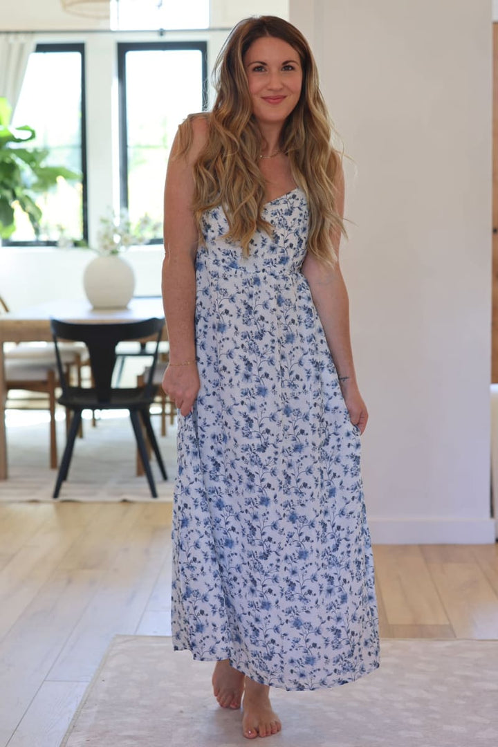 Strappy Gathered Floral Midi Dress - Wisteria Whimsy