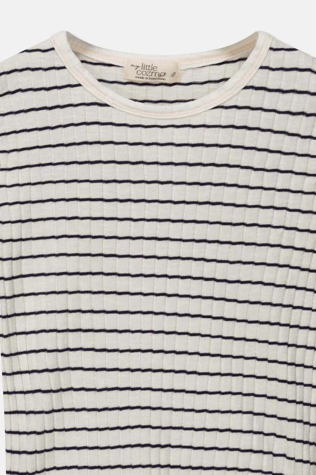 Rib stripe lettuce-edge t-shirt - Ivory - T-shirt