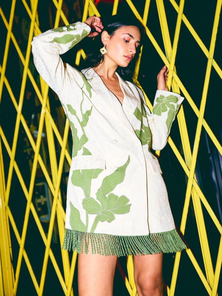 Alex Blazer Dress - Ivory With Green Applique