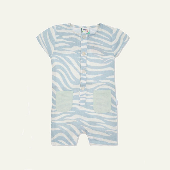 Linen Blue Zebra Baby Romper - Natural/sterling Blue