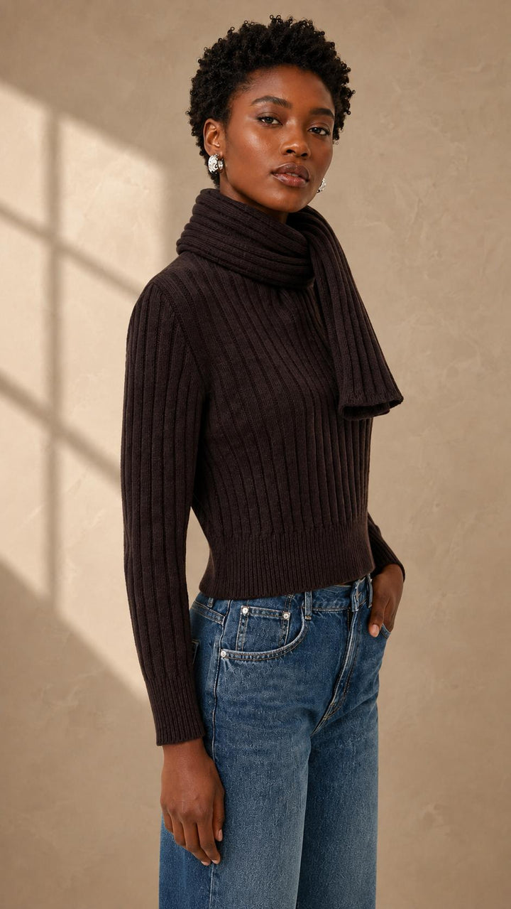 The Ryan Ribbed Scarf Cashmere Sweater - Chocolate Brown