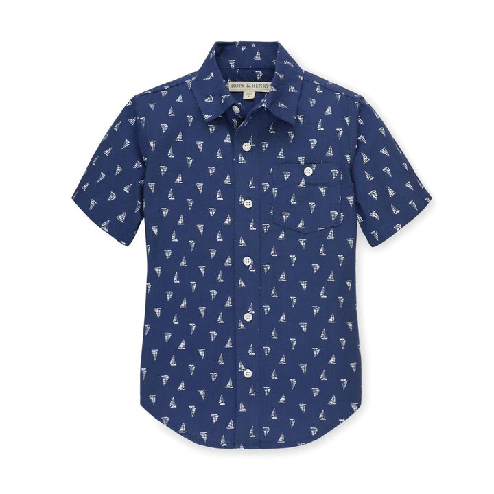 Baby Seersucker Short Sleeve Button Down Shirt - Blue Sailboats Seersucker