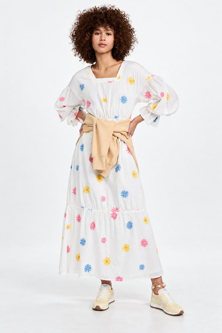 Embroidered Tiered Long Sleeve Maxi Dress - Rainbow/Multi