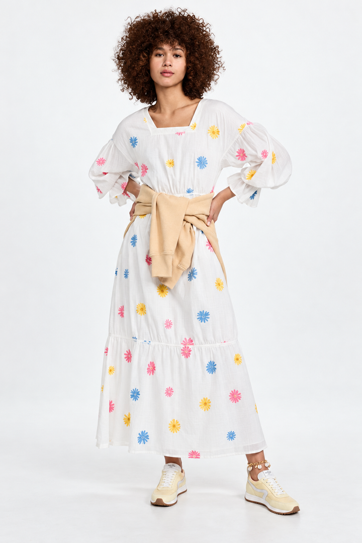 Embroidered Tiered Long Sleeve Maxi Dress - Rainbow/Multi
