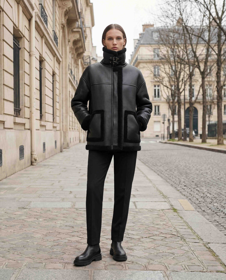 Shearling-effect Coat With High Collar - Black