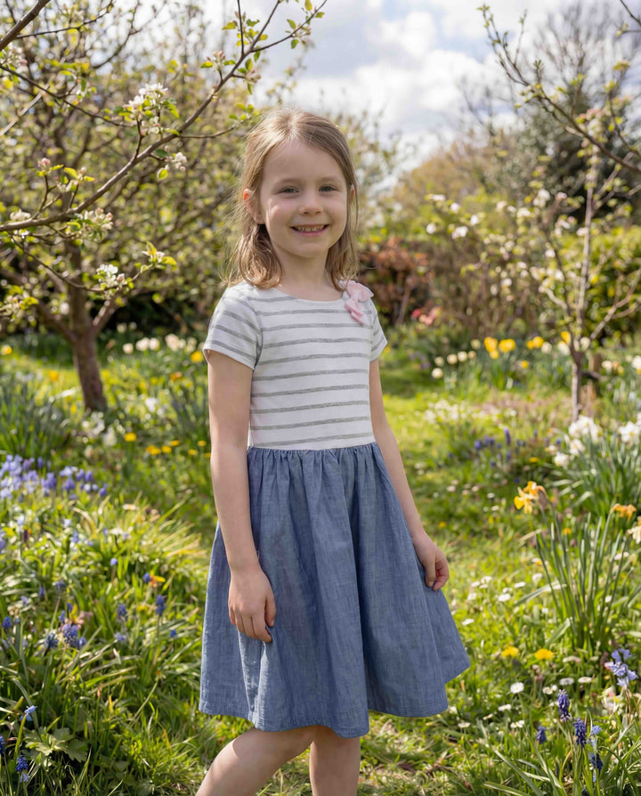 Short Sleeve Organic Knit Skater Dress - White and Gray Stripe
