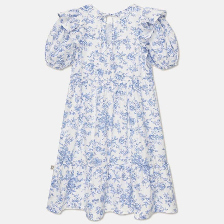 Cotton Floral Ruffle Dress - Ivory Blue Dresses + Skirts My Little Cozmo 