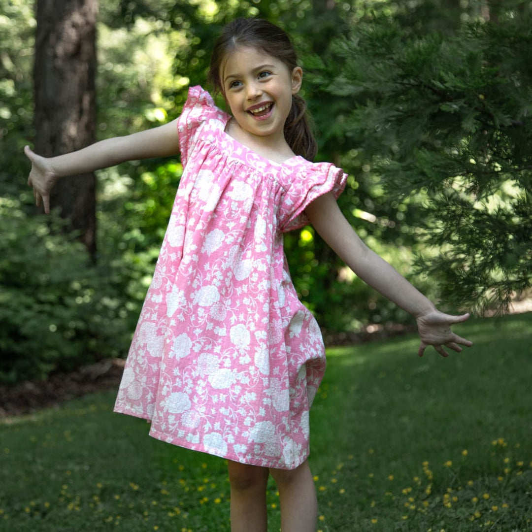 Girls' Square Neck Flutter Sleeves Dress - Pink Floral