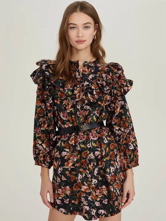Floral Ruffle Button Up Dress - Black Combo