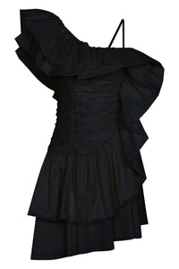 One Shoulder Draped Taffeta Dress - Black