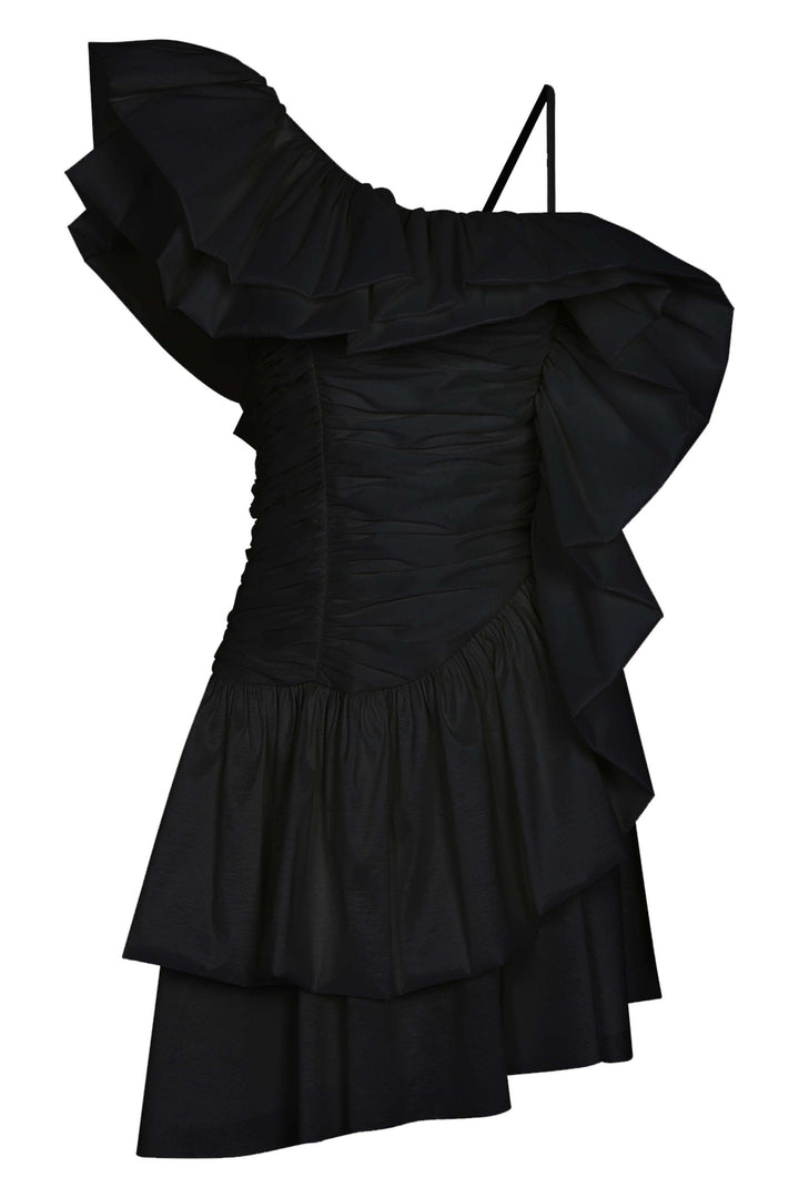 One Shoulder Draped Taffeta Dress - Black