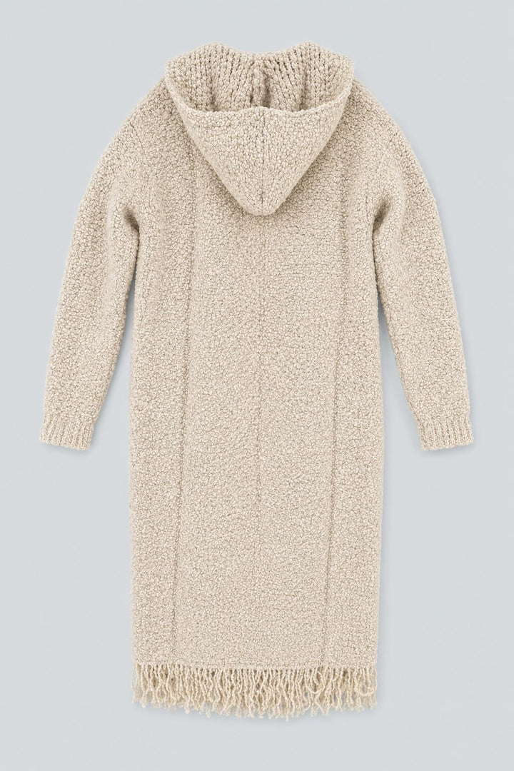 Long Hooded Cardigan With Fringe - Tan