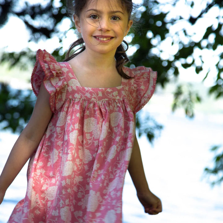 Girls' Square Neck Flutter Sleeves Dress - Pink Floral