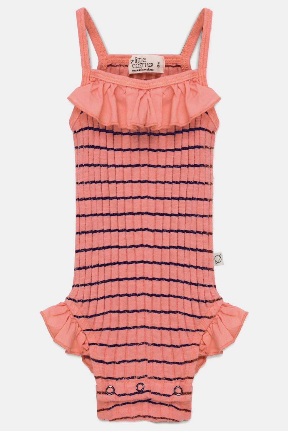 Rib stripe baby romper - Coral