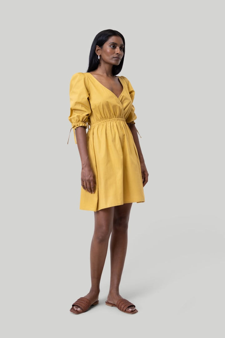 Gathered Elbow Sleeve Short Dress - Tuscan Sun