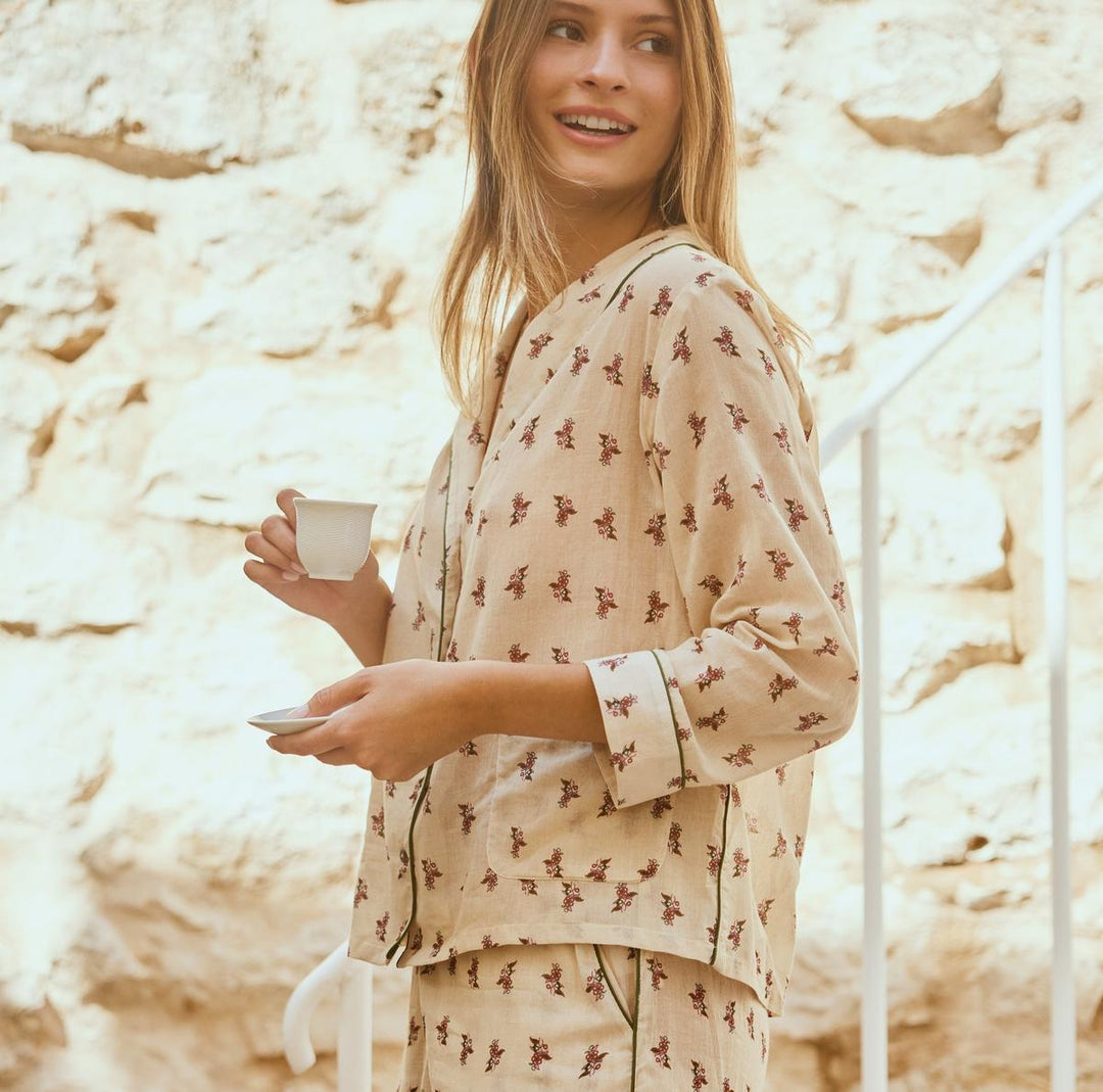 Rosie Pajama Top - Antique white & Crimson floral - FINAL SALE