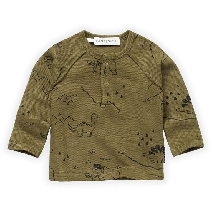 Dino Print Grandad Tee Shirt - Khaki T-Shirts Sproet & Sprout 