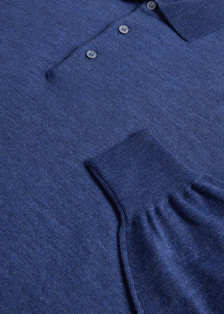 Long Sleeve Merino Wool Polo Shirt - Denim