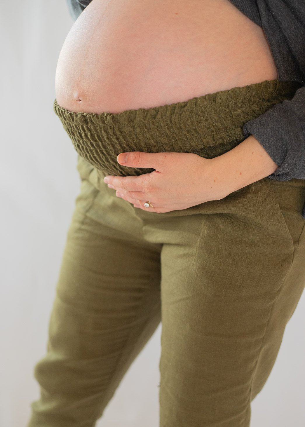 Everyday Transitional Maternity Smocked Linen Pant - Olive