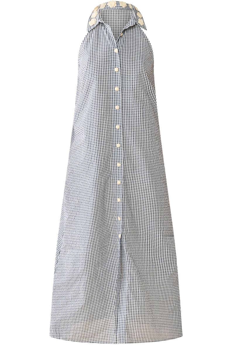 Cami Collar Dress x Rainey - Navy Gingham With Cream Crochet Applique