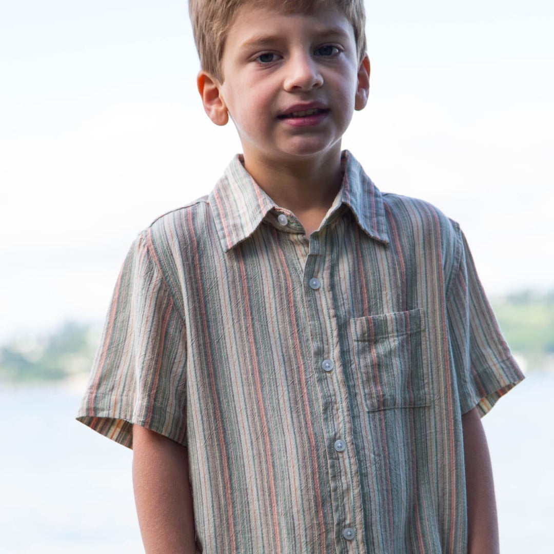 Boys Short Sleeves Collar Shirt - Mint Green Stripe
