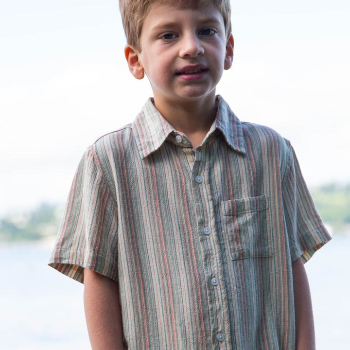 Boys Short Sleeves Collar Shirt - Mint Green Stripe