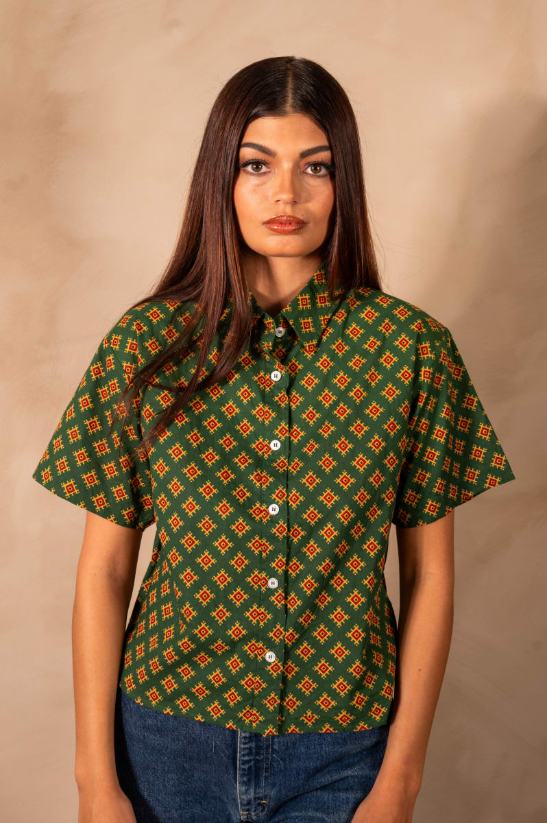 'The Michelle' Hand Printed Short Sleeve Shirt - Green And Gold Motif Print