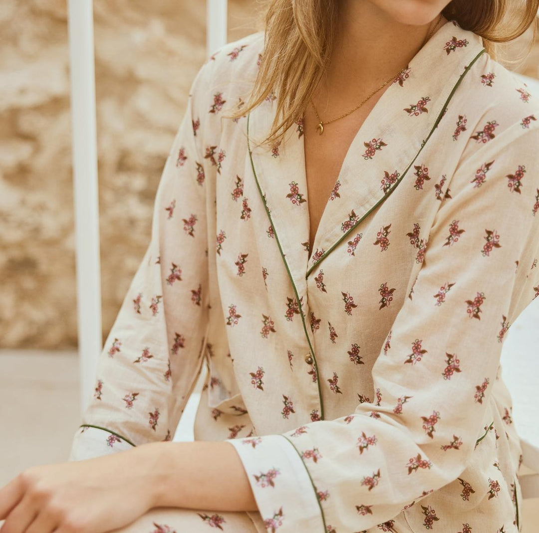 Rosie Pajama Top - Antique white & Crimson floral - FINAL SALE